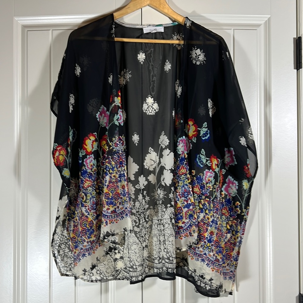 Love Tree Black Floral Sheer Kimono Wrap with Multicolor Border